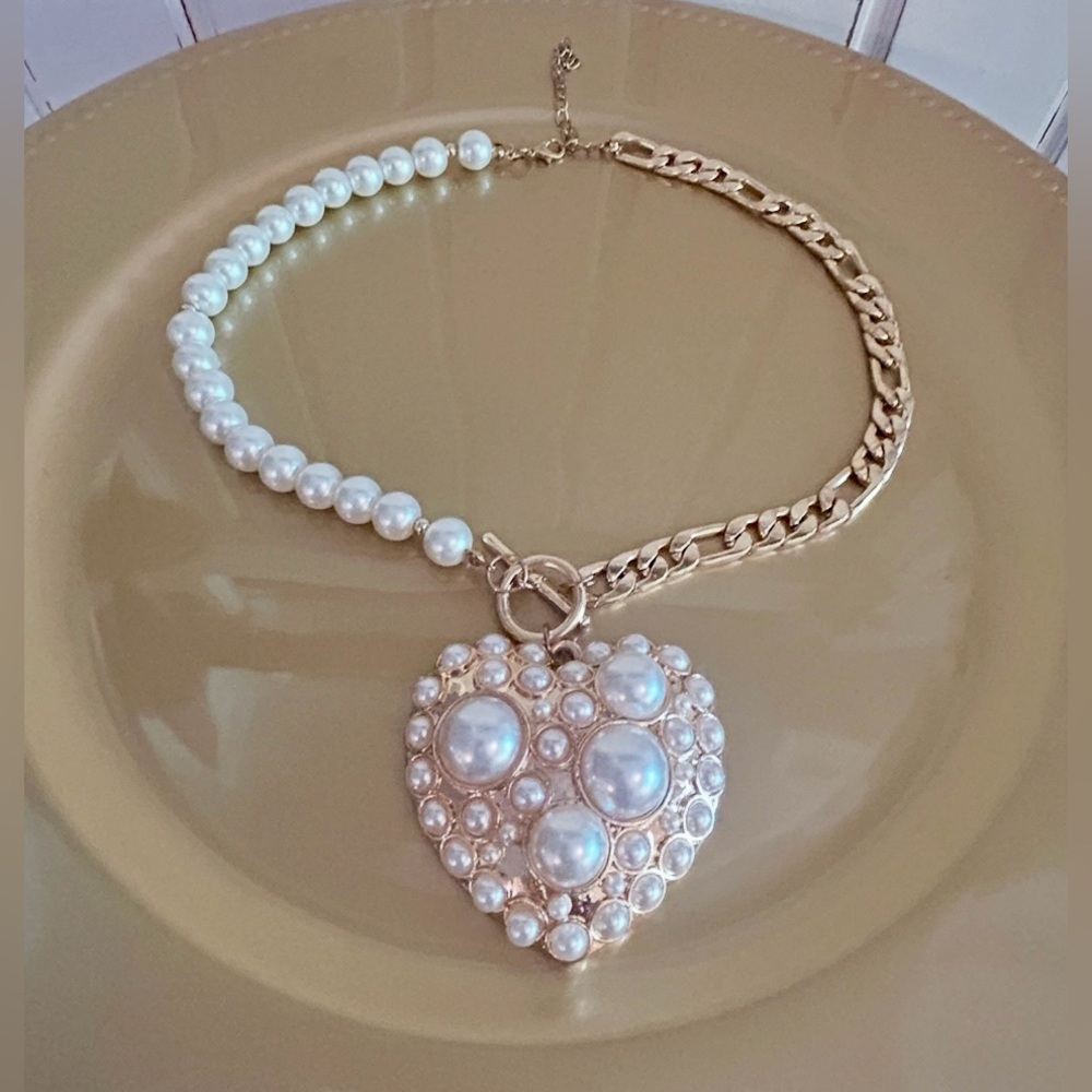 Gold and Pearl Heart Pendant Necklace